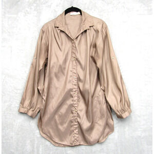 Marie France Women Top Blouse Shirt Vintage M Long Silk Button Up Collared Beige